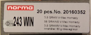 NORMA .243Win V-Max Hornady, 3,8гр (20шт)